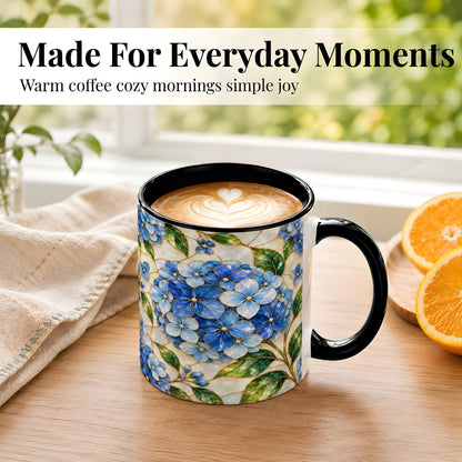 #pl[11oz|Black] Blue Hydrangea Mosaic Coffee Mug, Floral Art Mug, Ceramic Cup