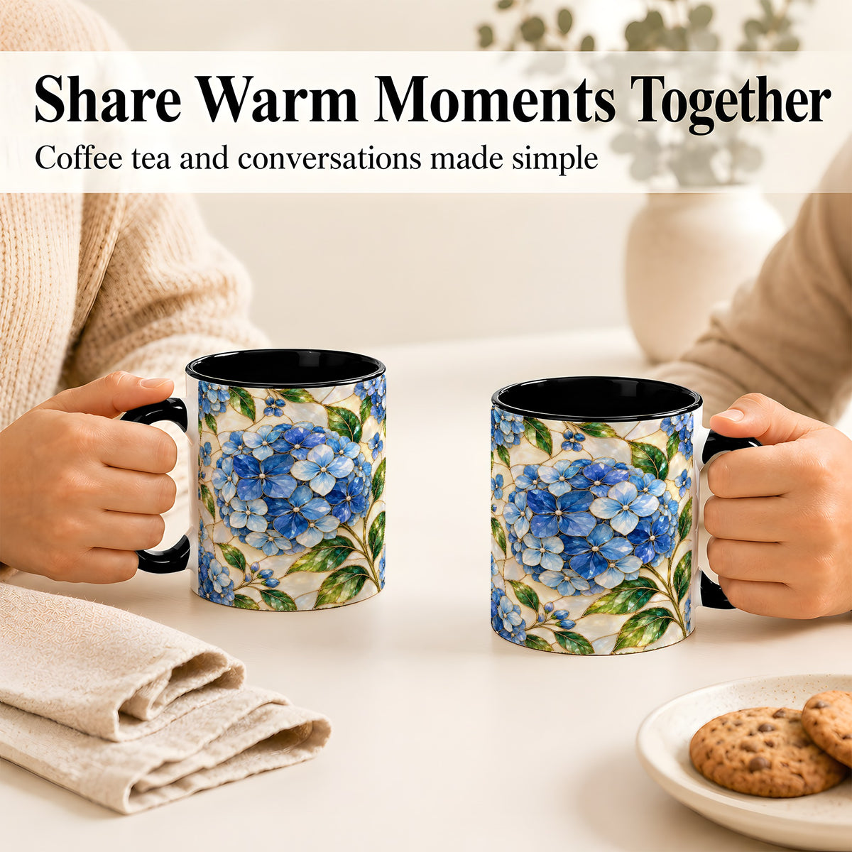 #pl[11oz|Black] Blue Hydrangea Mosaic Coffee Mug, Floral Art Mug, Ceramic Cup