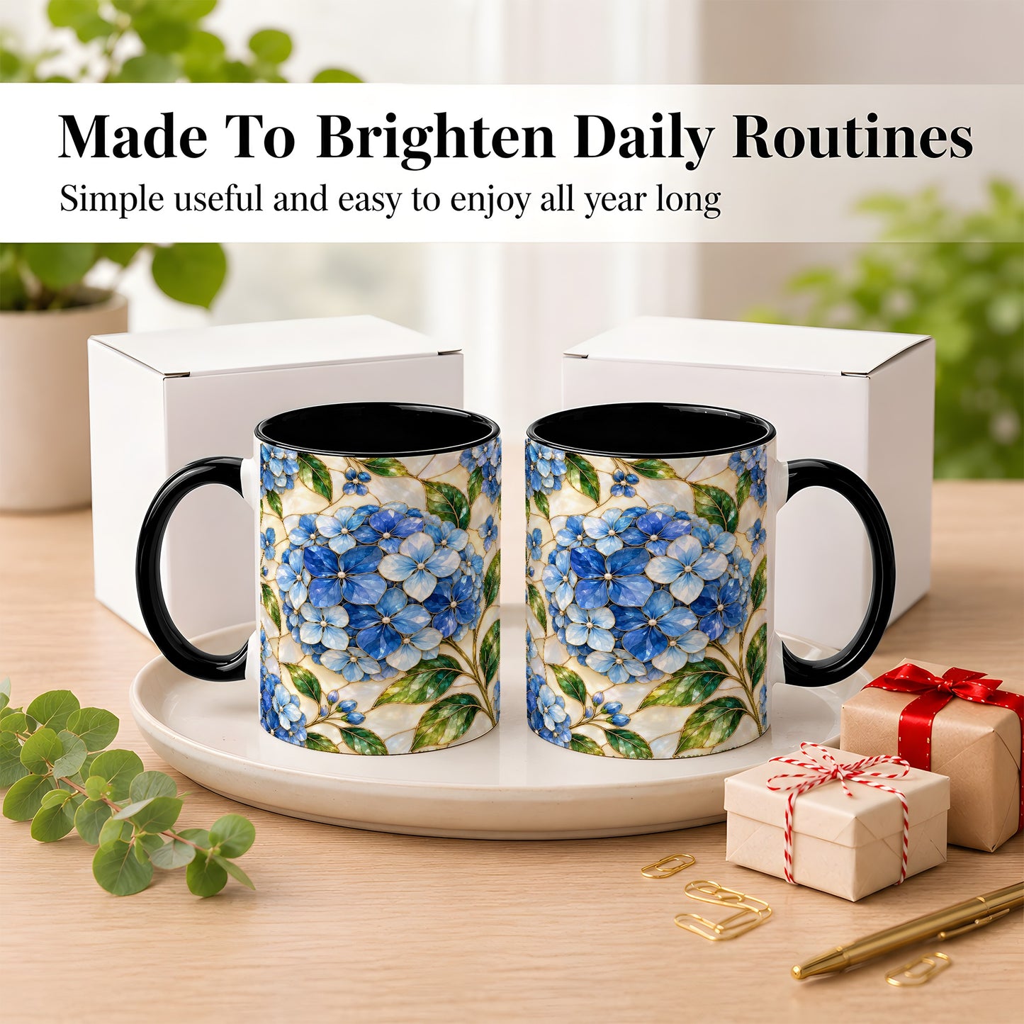 #pl[11oz|Black] Blue Hydrangea Mosaic Coffee Mug, Floral Art Mug, Ceramic Cup