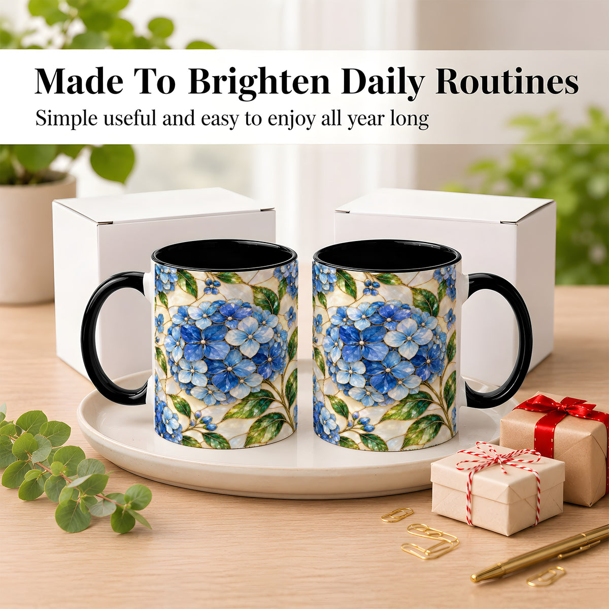 #pl[11oz|Black] Blue Hydrangea Mosaic Coffee Mug, Floral Art Mug, Ceramic Cup