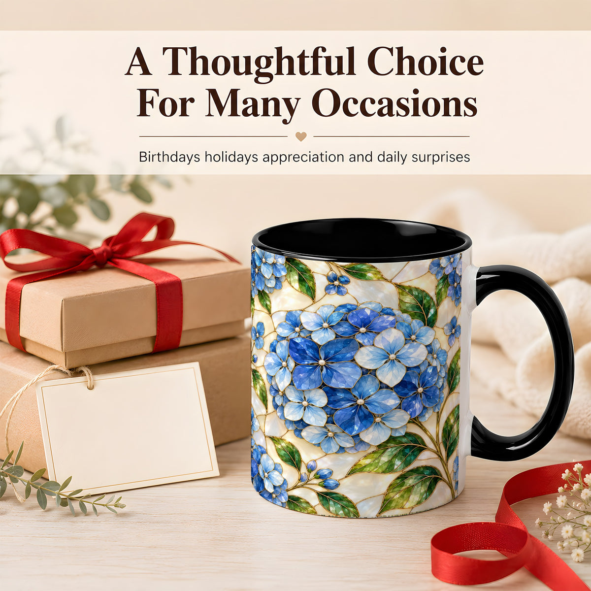 #pl[11oz|Black] Blue Hydrangea Mosaic Coffee Mug, Floral Art Mug, Ceramic Cup