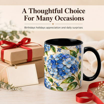 #pl[11oz|Black] Blue Hydrangea Mosaic Coffee Mug, Floral Art Mug, Ceramic Cup