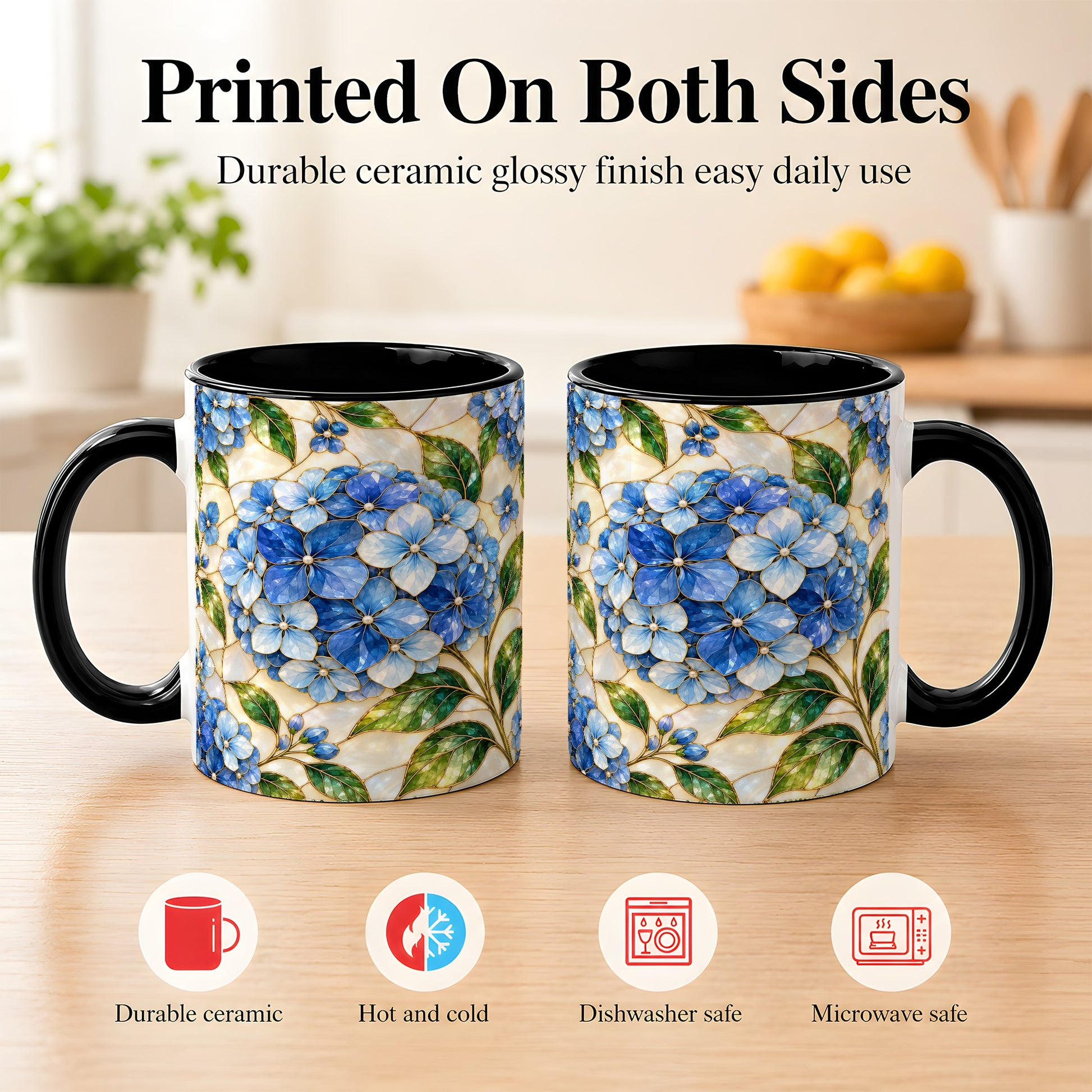 #pl[11oz|Black] Blue Hydrangea Mosaic Coffee Mug, Floral Art Mug, Ceramic Cup