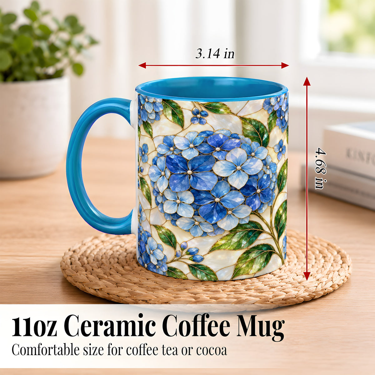 #pl[11oz|Blue] Blue Hydrangea Mosaic Coffee Mug, Floral Art Mug, Ceramic Cup