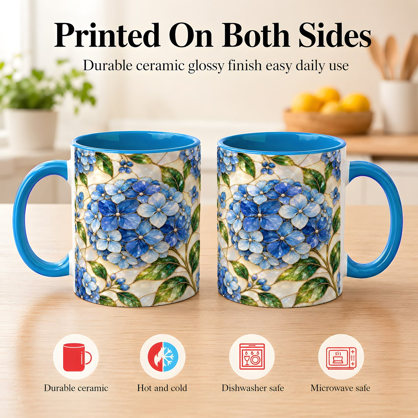 #pl[11oz|Blue] Blue Hydrangea Mosaic Coffee Mug, Floral Art Mug, Ceramic Cup