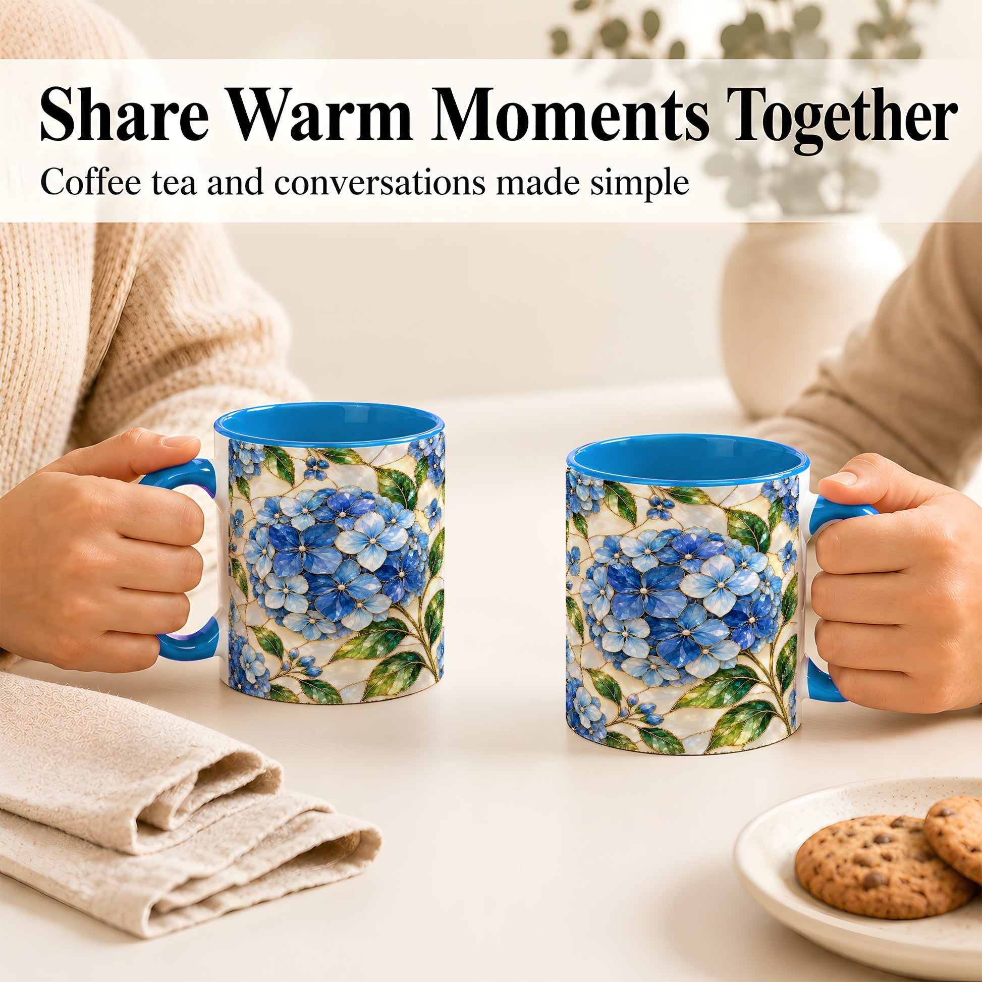 #pl[11oz|Blue] Blue Hydrangea Mosaic Coffee Mug, Floral Art Mug, Ceramic Cup