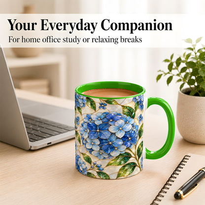 #pl[11oz|Green] Blue Hydrangea Mosaic Coffee Mug, Floral Art Mug, Ceramic Cup