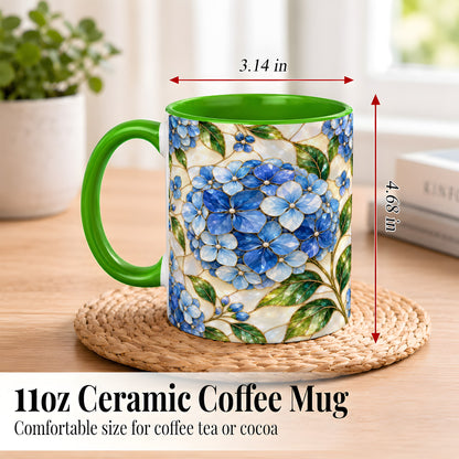#pl[11oz|Green] Blue Hydrangea Mosaic Coffee Mug, Floral Art Mug, Ceramic Cup