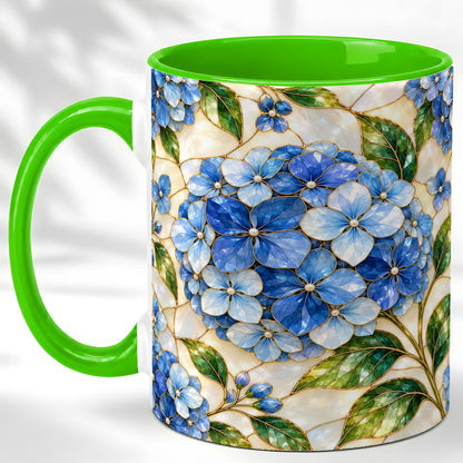 #pl[11oz|Green] Blue Hydrangea Mosaic Coffee Mug, Floral Art Mug, Ceramic Cup