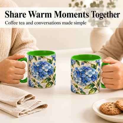 #pl[11oz|Green] Blue Hydrangea Mosaic Coffee Mug, Floral Art Mug, Ceramic Cup