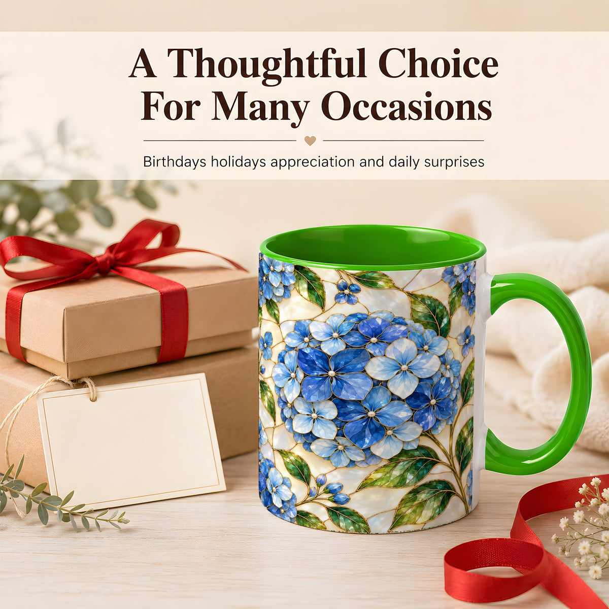 #pl[11oz|Green] Blue Hydrangea Mosaic Coffee Mug, Floral Art Mug, Ceramic Cup