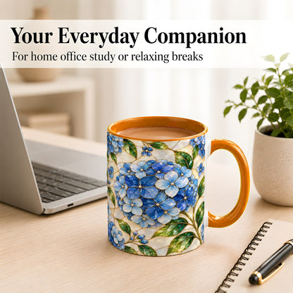 #pl[11oz|Orange] Blue Hydrangea Mosaic Coffee Mug, Floral Art Mug, Ceramic Cup