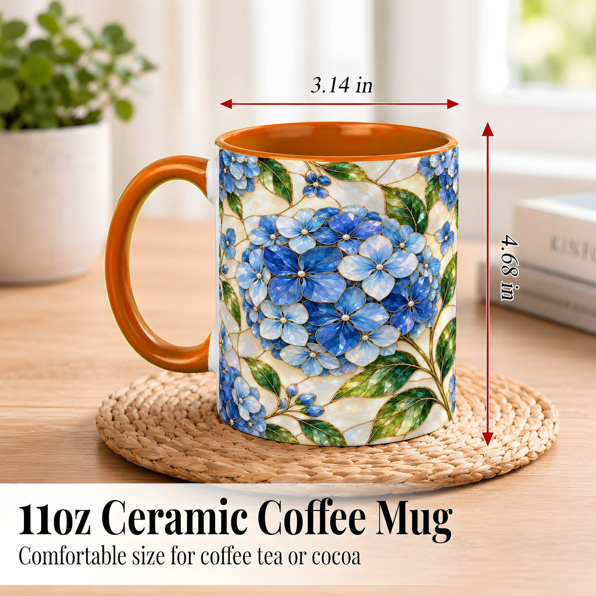 #pl[11oz|Orange] Blue Hydrangea Mosaic Coffee Mug, Floral Art Mug, Ceramic Cup