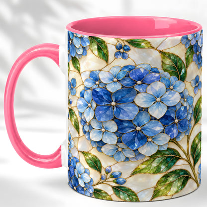 #pl[11oz|Pink] Blue Hydrangea Mosaic Coffee Mug, Floral Art Mug, Ceramic Cup