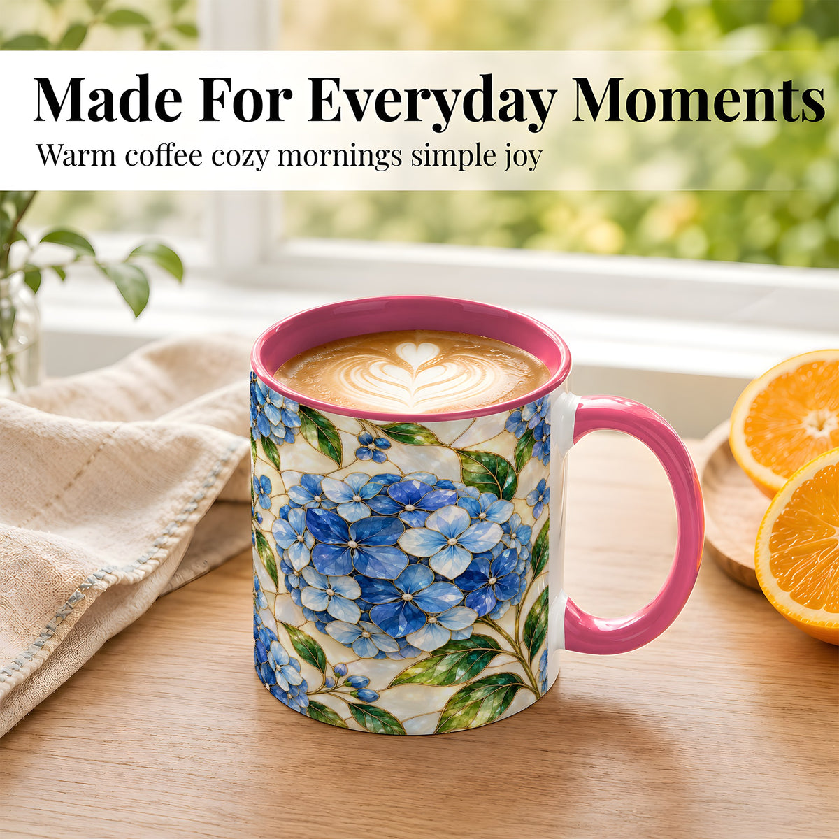 #pl[11oz|Pink] Blue Hydrangea Mosaic Coffee Mug, Floral Art Mug, Ceramic Cup