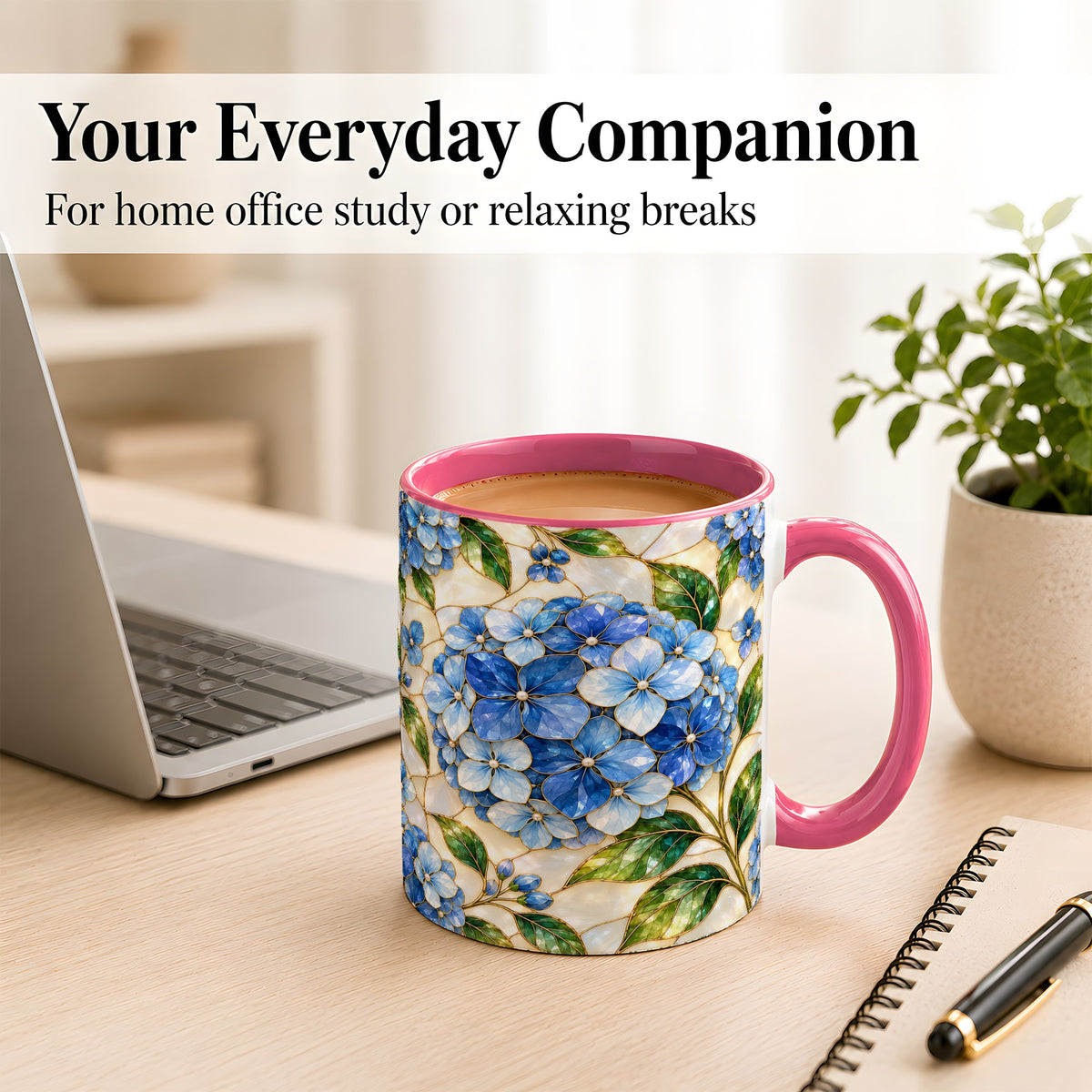 #pl[11oz|Pink] Blue Hydrangea Mosaic Coffee Mug, Floral Art Mug, Ceramic Cup