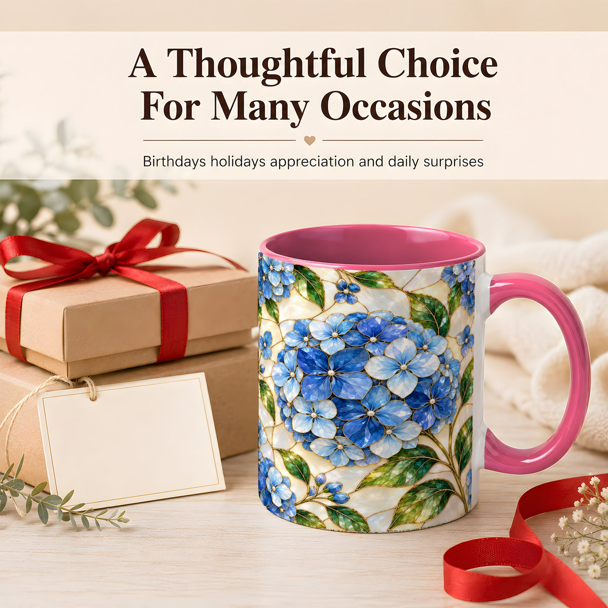 #pl[11oz|Pink] Blue Hydrangea Mosaic Coffee Mug, Floral Art Mug, Ceramic Cup