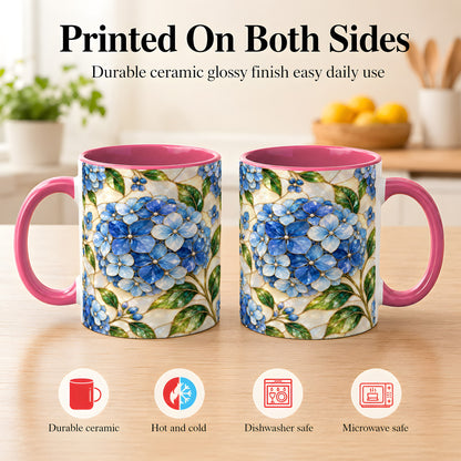 #pl[11oz|Pink] Blue Hydrangea Mosaic Coffee Mug, Floral Art Mug, Ceramic Cup
