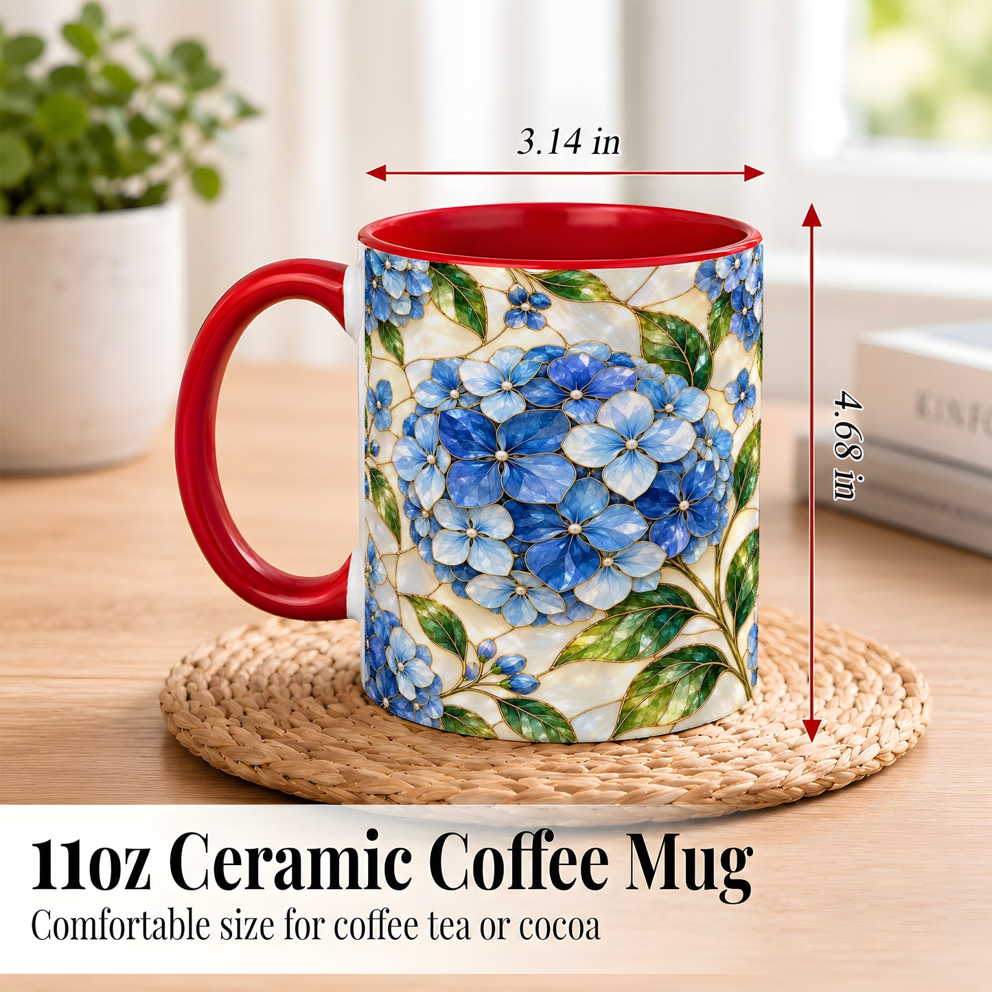 #pl[11oz|Red] Blue Hydrangea Mosaic Coffee Mug, Floral Art Mug, Ceramic Cup