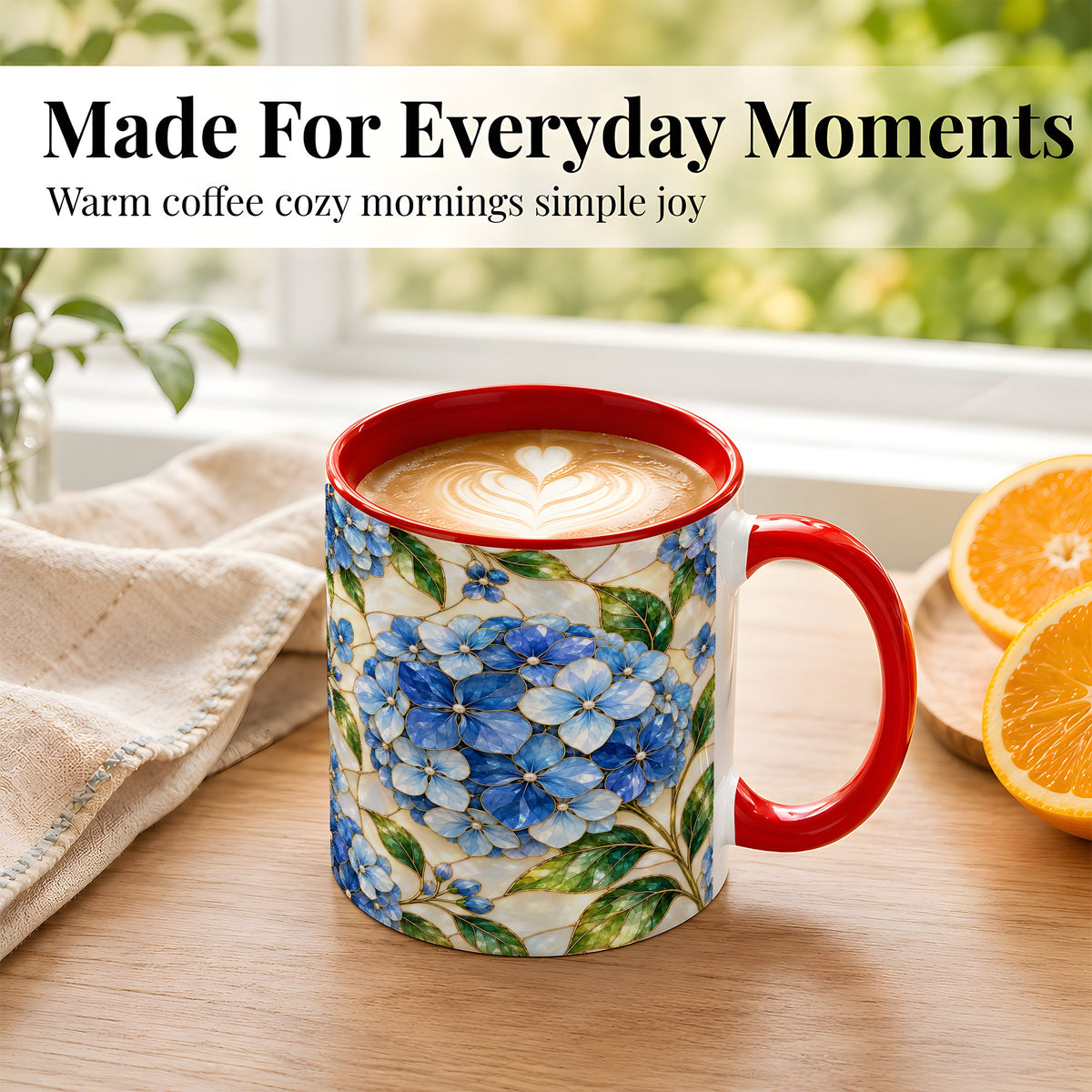 #pl[11oz|Red] Blue Hydrangea Mosaic Coffee Mug, Floral Art Mug, Ceramic Cup