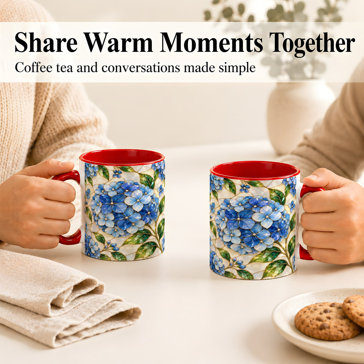 #pl[11oz|Red] Blue Hydrangea Mosaic Coffee Mug, Floral Art Mug, Ceramic Cup