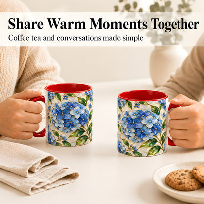 #pl[11oz|Red] Blue Hydrangea Mosaic Coffee Mug, Floral Art Mug, Ceramic Cup