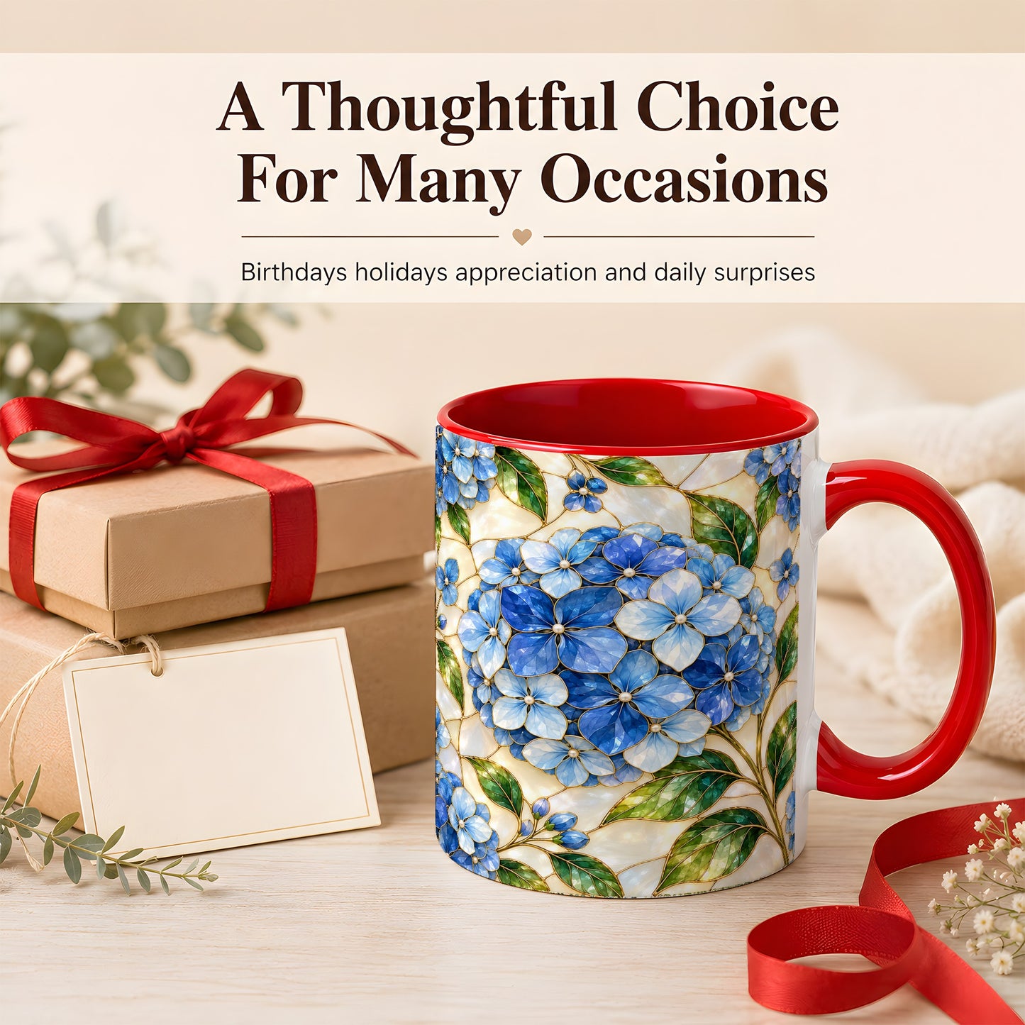 #pl[11oz|Red] Blue Hydrangea Mosaic Coffee Mug, Floral Art Mug, Ceramic Cup