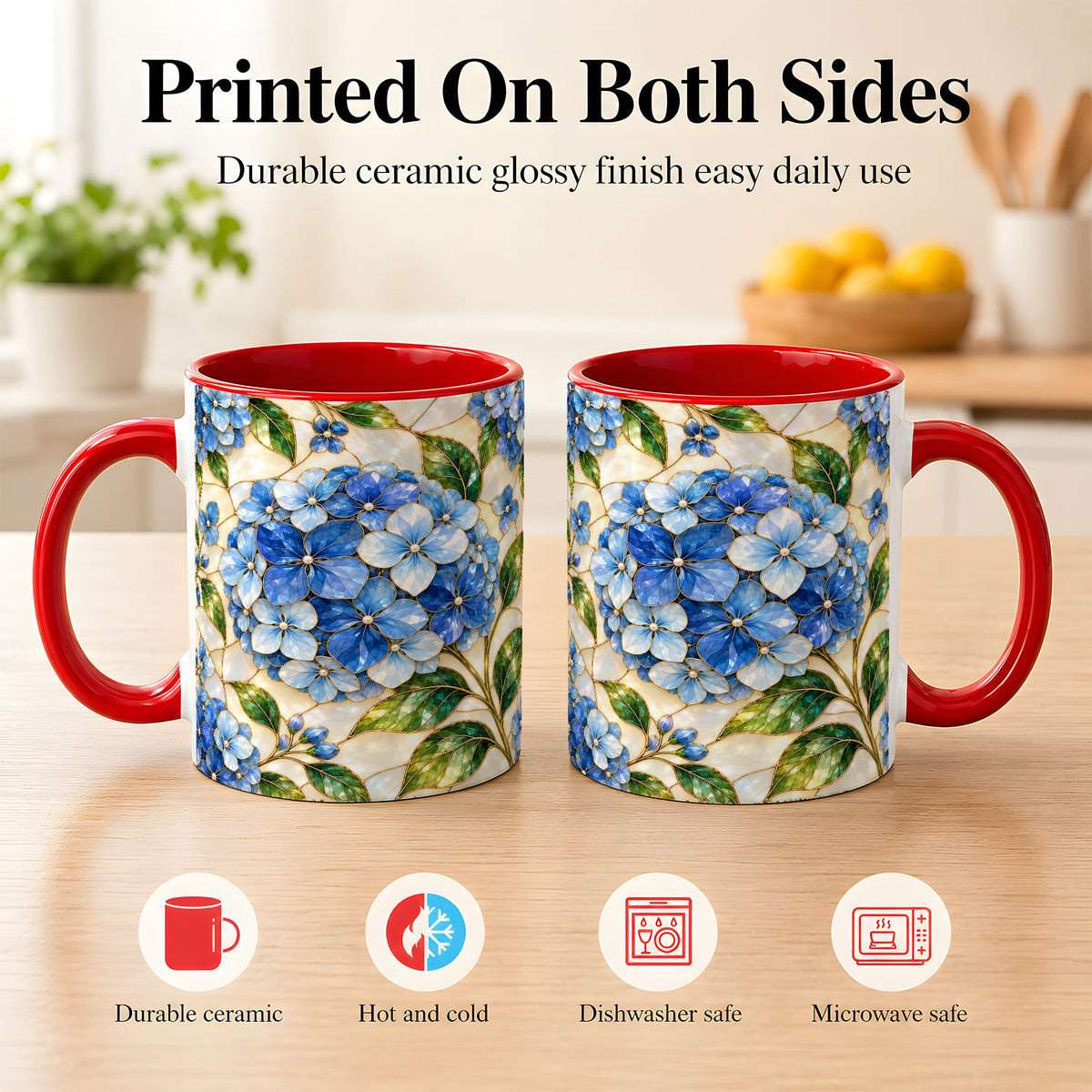 #pl[11oz|Red] Blue Hydrangea Mosaic Coffee Mug, Floral Art Mug, Ceramic Cup