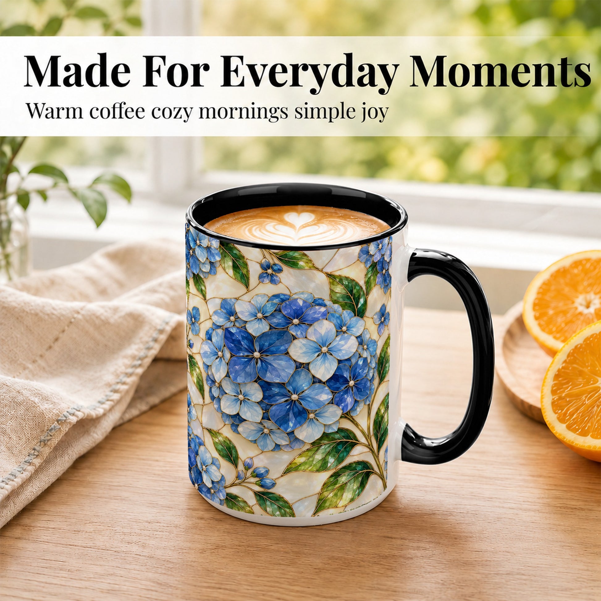 #pl[15oz|Black] Blue Hydrangea Mosaic Coffee Mug, Floral Art Mug, Ceramic Cup