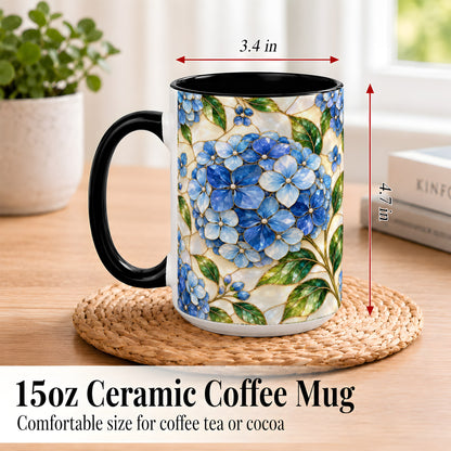 #pl[15oz|Black] Blue Hydrangea Mosaic Coffee Mug, Floral Art Mug, Ceramic Cup