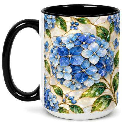 #pl[15oz|Black] Blue Hydrangea Mosaic Coffee Mug, Floral Art Mug, Ceramic Cup