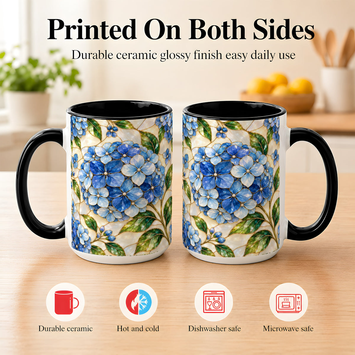 #pl[15oz|Black] Blue Hydrangea Mosaic Coffee Mug, Floral Art Mug, Ceramic Cup