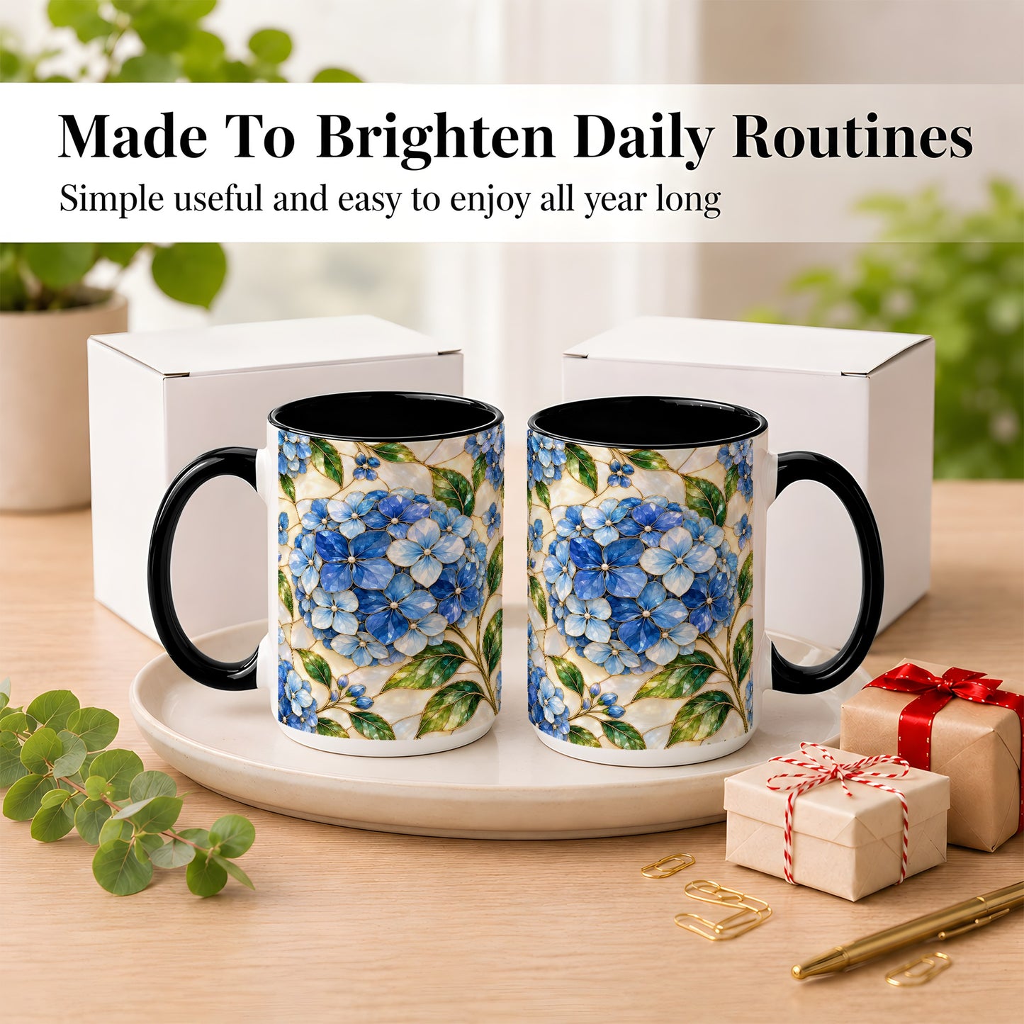 #pl[15oz|Black] Blue Hydrangea Mosaic Coffee Mug, Floral Art Mug, Ceramic Cup