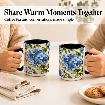 #pl[15oz|Black] Blue Hydrangea Mosaic Coffee Mug, Floral Art Mug, Ceramic Cup