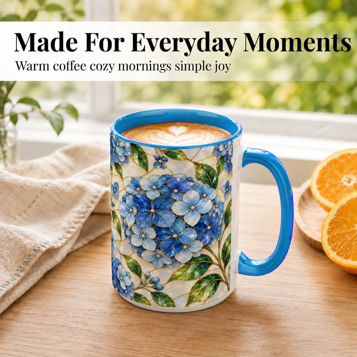 #pl[15oz|Blue] Blue Hydrangea Mosaic Coffee Mug, Floral Art Mug, Ceramic Cup