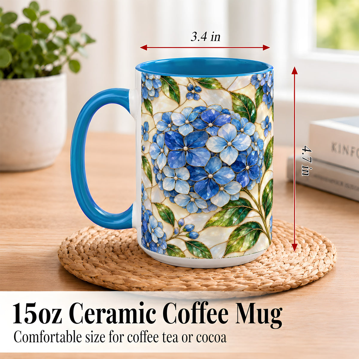 #pl[15oz|Blue] Blue Hydrangea Mosaic Coffee Mug, Floral Art Mug, Ceramic Cup