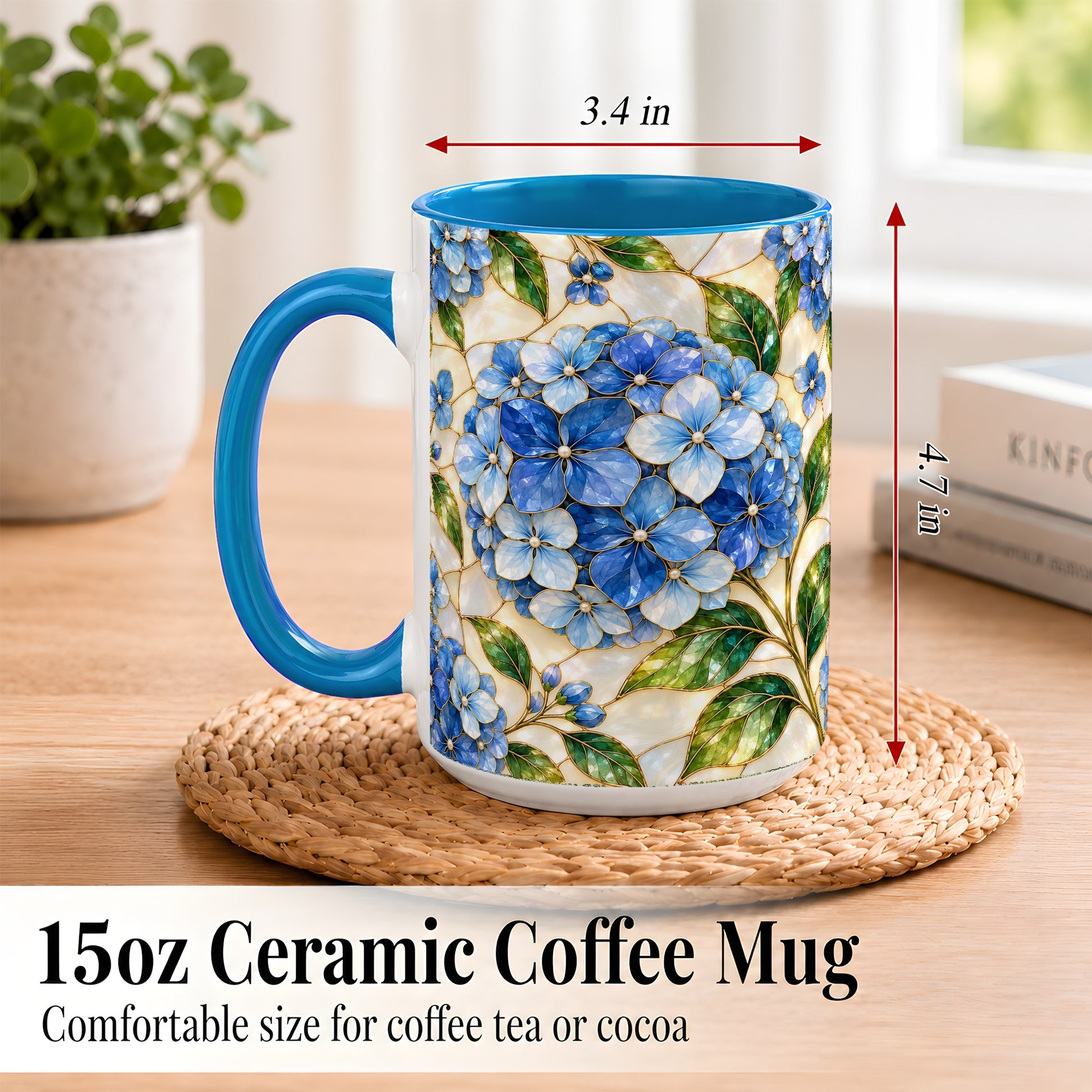 #pl[15oz|Blue] Blue Hydrangea Mosaic Coffee Mug, Floral Art Mug, Ceramic Cup