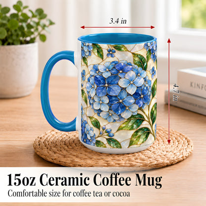#pl[15oz|Blue] Blue Hydrangea Mosaic Coffee Mug, Floral Art Mug, Ceramic Cup