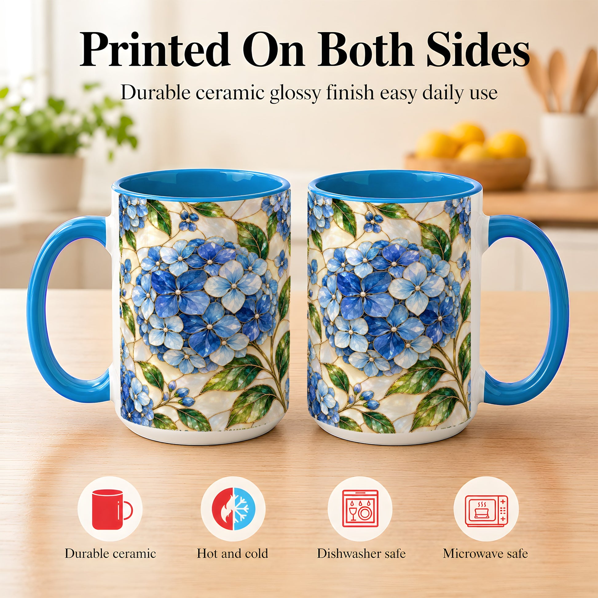 #pl[15oz|Blue] Blue Hydrangea Mosaic Coffee Mug, Floral Art Mug, Ceramic Cup