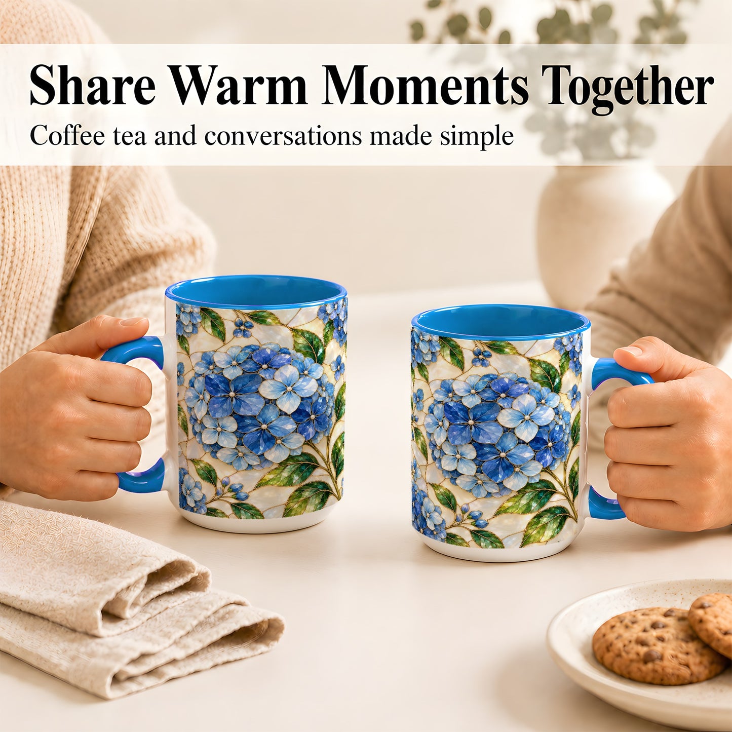 #pl[15oz|Blue] Blue Hydrangea Mosaic Coffee Mug, Floral Art Mug, Ceramic Cup