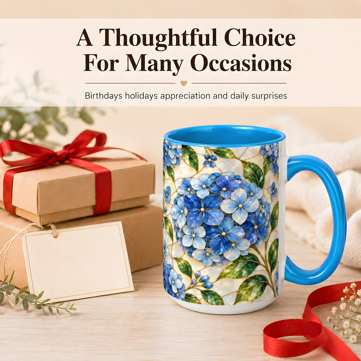 #pl[15oz|Blue] Blue Hydrangea Mosaic Coffee Mug, Floral Art Mug, Ceramic Cup