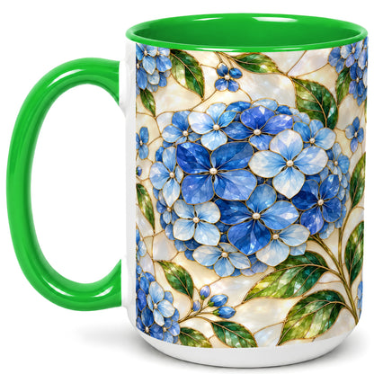 #pl[15oz|Green] Blue Hydrangea Mosaic Coffee Mug, Floral Art Mug, Ceramic Cup