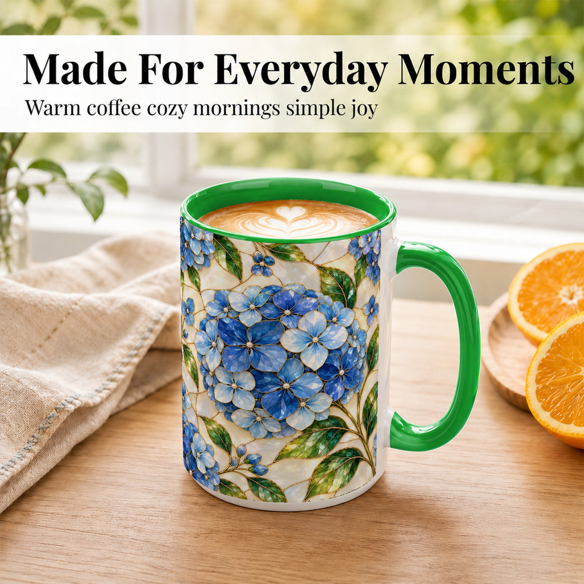 #pl[15oz|Green] Blue Hydrangea Mosaic Coffee Mug, Floral Art Mug, Ceramic Cup