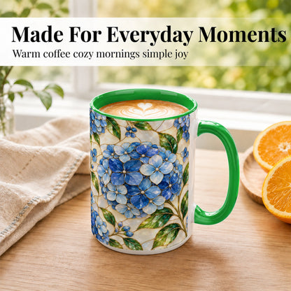 #pl[15oz|Green] Blue Hydrangea Mosaic Coffee Mug, Floral Art Mug, Ceramic Cup