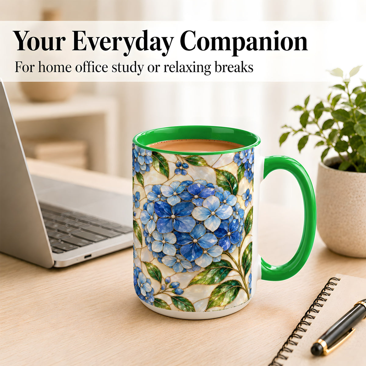 #pl[15oz|Green] Blue Hydrangea Mosaic Coffee Mug, Floral Art Mug, Ceramic Cup