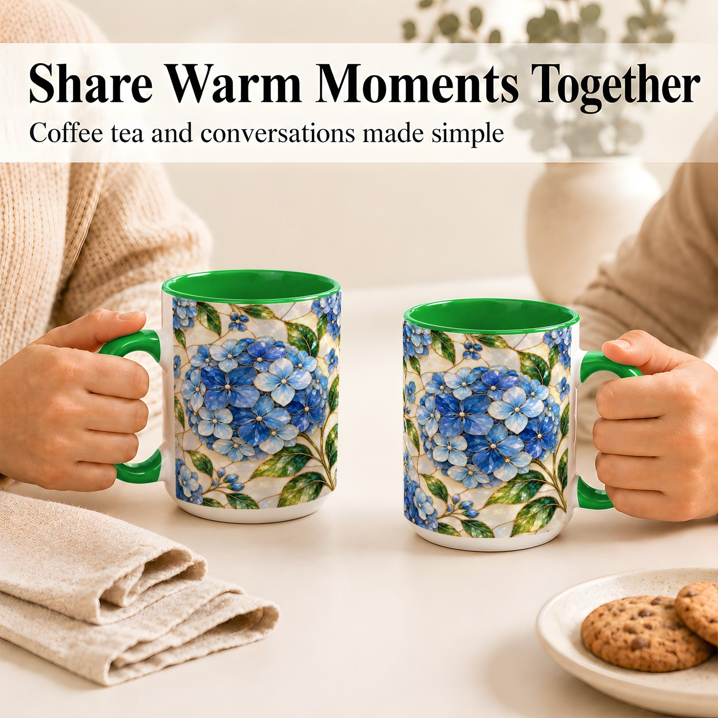 #pl[15oz|Green] Blue Hydrangea Mosaic Coffee Mug, Floral Art Mug, Ceramic Cup