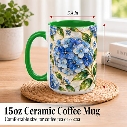 #pl[15oz|Green] Blue Hydrangea Mosaic Coffee Mug, Floral Art Mug, Ceramic Cup