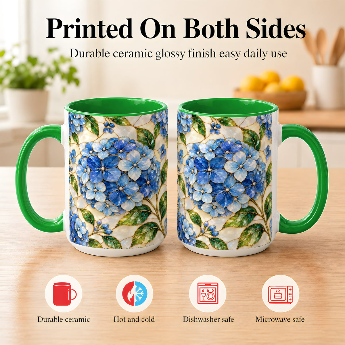 #pl[15oz|Green] Blue Hydrangea Mosaic Coffee Mug, Floral Art Mug, Ceramic Cup