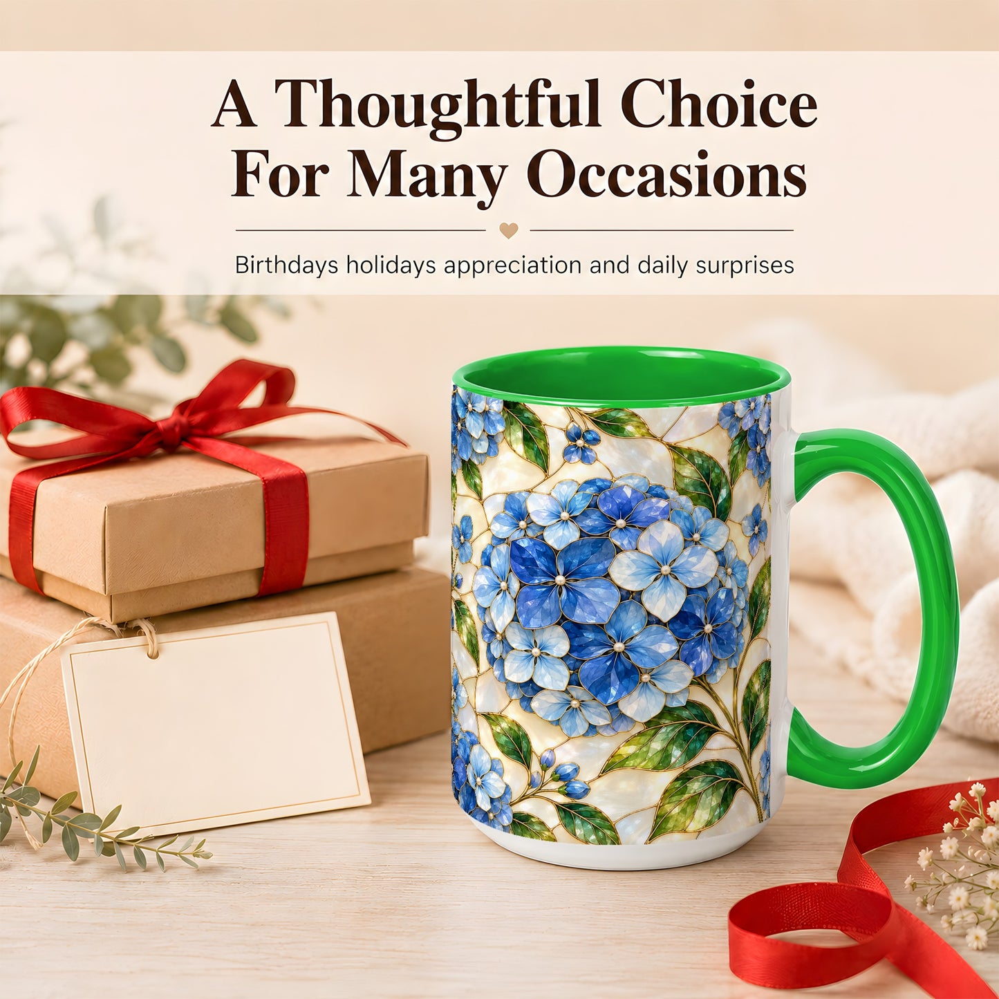 #pl[15oz|Green] Blue Hydrangea Mosaic Coffee Mug, Floral Art Mug, Ceramic Cup