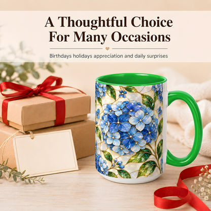 #pl[15oz|Green] Blue Hydrangea Mosaic Coffee Mug, Floral Art Mug, Ceramic Cup